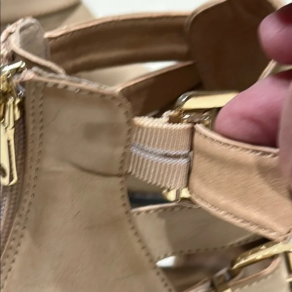 Tan Ankle Boots with Strappy Design and Chunky Heel - Picture 6 of 8